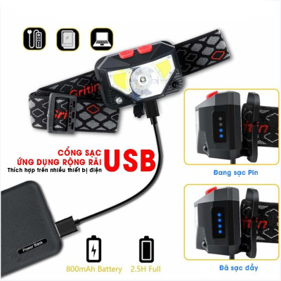 Đèn pin đội đầu 1 bóng cảm biến vẫy tay siêu sáng chiếu xa 300m, chip Led L9 chống thấm nước, đèn đeo trán Zoom xa gần H