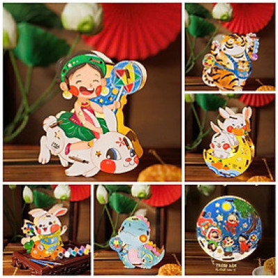 Lồng Đèn Trung Thu Gỗ Tự Tô Màu, Đèn Lồng Gỗ Thủ Công Handmade Nhiều Mẫu Dễ Thương Kèm Đèn Led - HÀNG CHÍNH HÃNG MINIIN