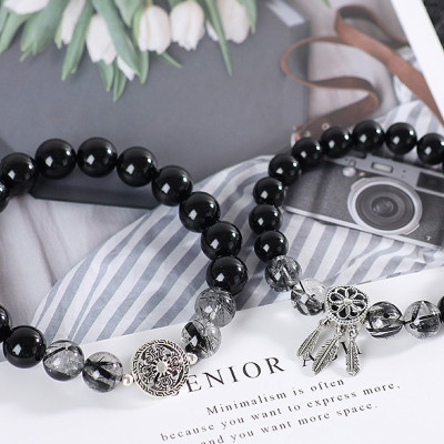 Vòng tay đôi đá Obsidian phối thạch anh tóc đen và charm bạc mệnh thủy, mộc - Ngọc Quý Gemstones