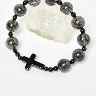 Vòng Chuỗi Mân Côi Đá Thạch Anh Tóc Đen Phối Thánh Giá hạt 12mm, ni50 - Ngọc Qúy Gemstones