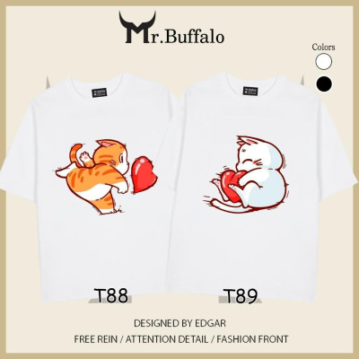 Áo đôi, cặp tay lỡ unisex Mèo dễ thương đẩy trái tim Mr.Buffalo