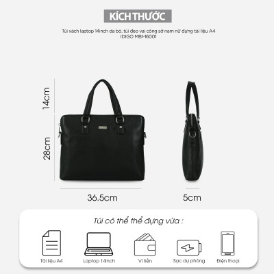 Túi xách công sở nam nữ đựng tài liệu A4 da thật cao cấp IDIGO MB1 - 16001, túi đựng laptop 14 inch