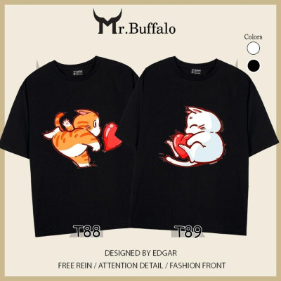 Áo đôi, cặp tay lỡ unisex Mèo dễ thương đẩy trái tim Mr.Buffalo