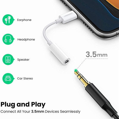Ugreen UG30759US212TK 7cm có chipset MFI lightning sang 3.5mm màu trắng - HÀNG CHÍNH HÃNG