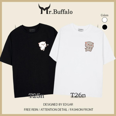Áo đôi , áo thun cặp nam nữ tay lỡ Unisex mèo mochi dượt nhau form rộng vải cotton 100% T25T26 - Mr.Buffalo