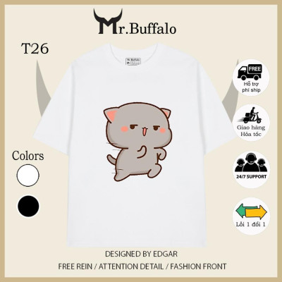 Áo đôi , áo thun cặp nam nữ tay lỡ Unisex mèo mochi dượt nhau form rộng vải cotton 100% T25T26 - Mr.Buffalo