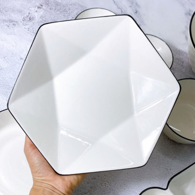 Bộ Chén Dĩa Gốm Sứ Gosu Trắng Cao Cấp Sáng Đẹp Họa Tiết Kim Cương Viền Đen