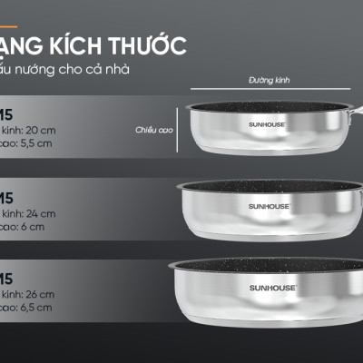 CHẢO Inox Impact Sunhouse ECO IN20-24-26M5 - Đáy từ công nghệ mới Impact Bonding - Dùng được trên mọi loại bếp