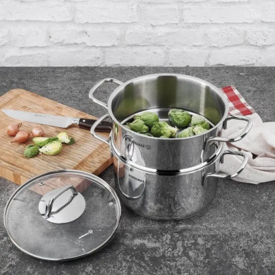 Bộ nồi xửng hấp inox 18/10 Korkmaz Perla Thổ Nhĩ Kỳ, Bảo hành 4 năm -  Hàng Chính Hãng