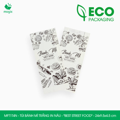 MFT1T4N - 24x9.5x4.5 cm - 500 Túi bánh mì Trắng, in sẵn họa tiết BEST STREET FOOD - Bao bánh mì Túi giấy thực phẩm an toàn