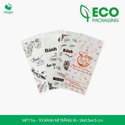 Combo 100 Túi bánh mì Trắng 24x9.5x4.5 cm - In sẵn họa tiết nhiều mẫu - Bao bánh mì Túi giấy thực phẩm an toàn
