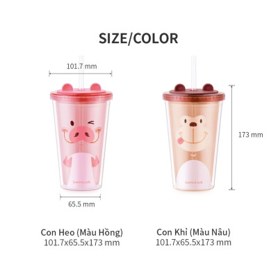 Ly nhựa 2 lớp 520ml Lock&Lock Double Wall HAP511 HAP512, Hàng chính hãng, họa tiết dễ thương, kèm ống hút - JoyMall