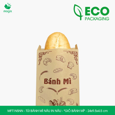 MFT1N5NN - 24x9.5x4.5 cm - 100 Túi bánh mì Nâu, in sẵn họa tiết GIỎ BÁNH MÌ - Bao bánh mì Túi giấy thực phẩm an toàn