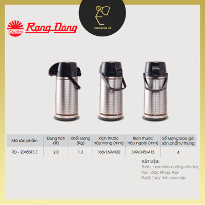 Phích giữ nhiệt Inox cao cấp Rạng Đông - 2045 ST3.E [2 Lít - Nút ấn rót nước - Đế xoay 360 độ]