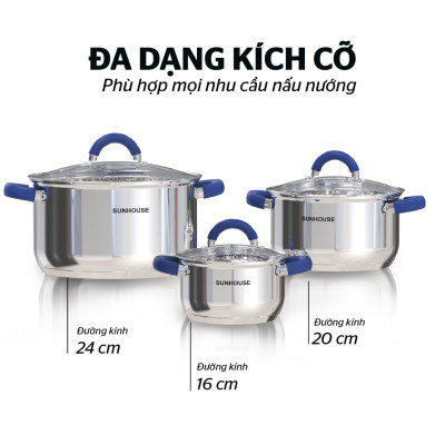 Bộ nồi inox 3 đáy Sunhouse SHG361, Chất liệu inox sáng bóng an toàn cho sức khỏe, Vung kính cường lực siêu bền, Tay cầm và núm vung bọc silicon chịu nhiệt, chống bỏng, an toàn, Sử dụng trên mọi loại bếp - Hàng chính hãng