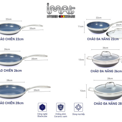 [Hàng chính hãng] Chảo chiên/ rán iMAT Hybrid Blackcube chống dính Ceramic lòng xanh mới size 28cm