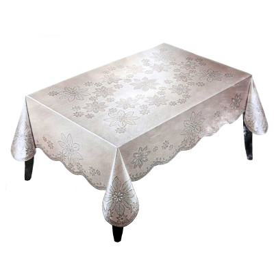 Khăn Trải Bàn PAULEE - PWL 241 hoa văn nổi, ánh kim bạc, nền kem bạc, không thấm nước - 147cm x 230cm.