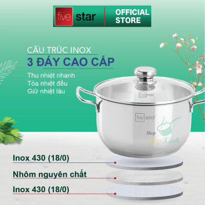 Bộ nồi xửng hấp inox 430 FiveStar Standard 3 đáy bếp từ nắp kính tặng 2 muỗng canh ( 26cm/28cm/30cm/32cm)