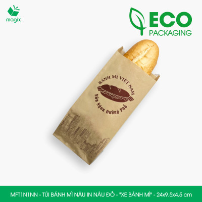MFT1N1NN - 24x9.5x4.5 cm - 100 Túi bánh mì Nâu, in sẵn họa tiết XE BÁNH MÌ - Bao bánh mì Túi giấy thực phẩm an toàn