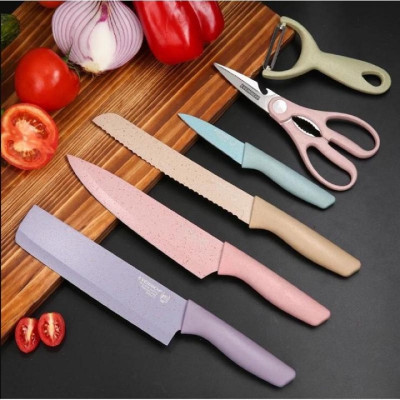 Bộ Dao Kéo Nhà Bếp Lúa Mạch 6 Món Kháng khuẩn Cao Cấp Fullbox, Lưỡi Thép Chống Gỉ Kitchen - Hàng Chính Hãng 