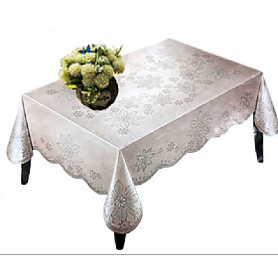 Khăn Trải Bàn PAULEE - PWL 241 hoa văn nổi, ánh kim bạc, nền kem bạc, không thấm nước - 147cm x 230cm.