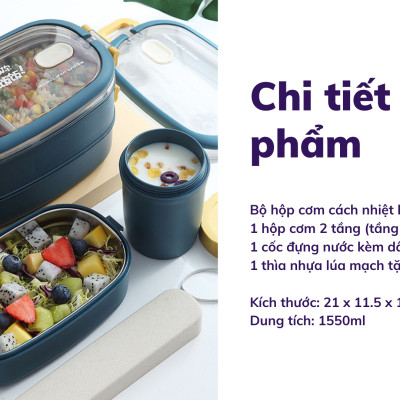 Hộp Cơm Văn Phòng Giữ Nhiệt  2 Lớp 2 Tầng Tiện Lợi Kèm Hộp Đựng Canh Soup và Bộ Đũa Thìa INOX – Chất Liệu INOX304An Toàn Cho Sức Khỏe – Hàng Chính Hãng MINIIN- Tặng Túi Đựng Cơm