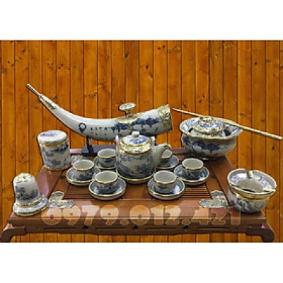 Bộ ấm chén Bát Tràng bọc đồng men rạn giả cổ dáng Vại