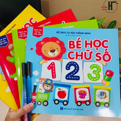 Sách- Combo 4 cuốn sách tự xoá: Chữ số + Phép cộng + Chữ cái+ Hình khối màu sắc (Tặng kèm bút)