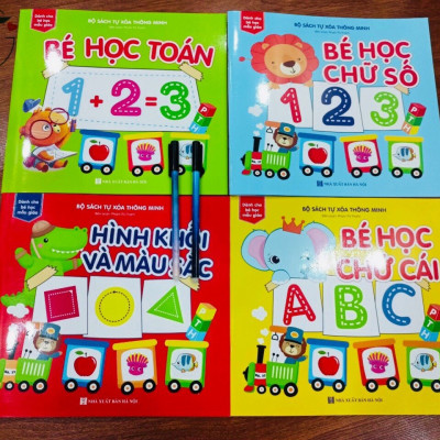 Sách- Combo 4 cuốn sách tự xoá: Chữ số + Phép cộng + Chữ cái+ Hình khối màu sắc (Tặng kèm bút)