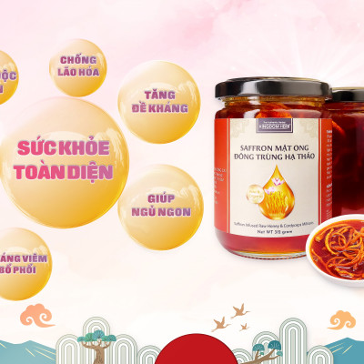 Saffron mật ong đông trùng hạ thảo Kingdom Herb chính hãng thượng hạng hộp 312g (tặng bình thuỷ tinh và cây lấy mật)