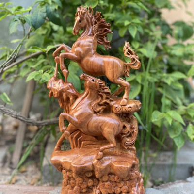 Tượng con ngự song ma uyên ương bằng gỗ hương đá liền khối đẹp long lanh kt cao 80×27×14,5cm