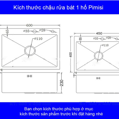Chậu rửa bát inox 304 đơn 1 hố đúc Pimisi kích thước 6045-4540 cm đầy đủ xi phông loại to và kèm rổ đựng đồ dùng để rửa chén bát gắn được cả âm bàn đá | Hàng chính hãng