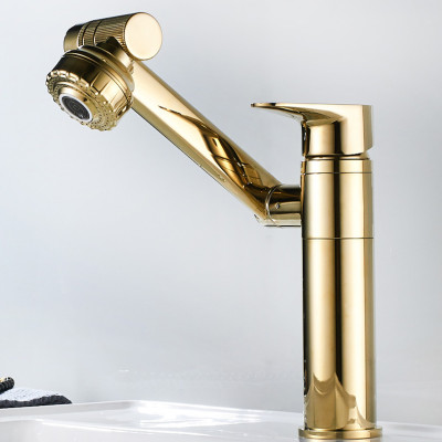 Vòi rửa mặt Lavabo cổ xoay 720 độ đa chiều, củ đồng, thân ngắn mạ vàng, điều chỉnh nhiều chế độ tia nước Minh House