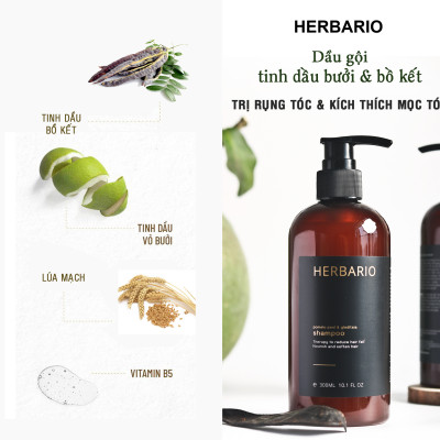 Bộ dầu gội dầu xả tinh dầu vỏ bưởi & bồ kết Herbario 300ml giảm rụng tóc kích thích mọc tóc, giảm gãy rụng cho tóc suôn mượt đen bóng thuần chay
