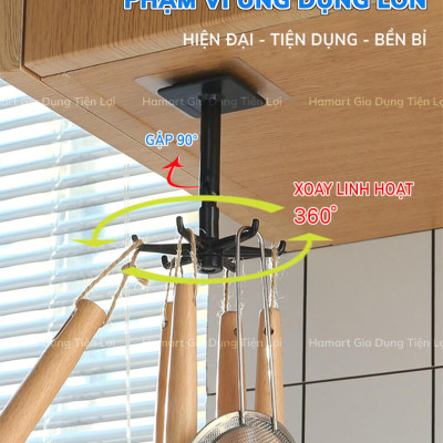 Giá Treo Đồ Nhà Bếp 6 Móc Xoay 360° Treo Dụng Cụ Tắm Đa Năng Kèm Miếng Dán Tường Siêu Dính
