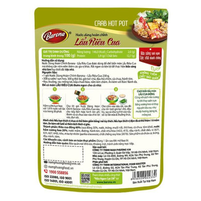 Nước Dùng Lẩu Riêu Cua Barona 230g tươi ngon chuẩn vị không cần nêm nếm và 1 hũ Sa tế Tôm XO Thượng hạng Barona 100g