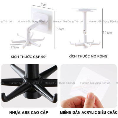 Giá Treo Đồ Nhà Bếp 6 Móc Xoay 360° Treo Dụng Cụ Tắm Đa Năng Kèm Miếng Dán Tường Siêu Dính