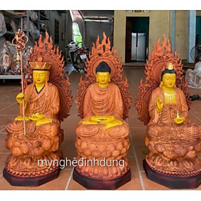 Bộ tượng phật tam thánh bằng gỗ hương đá kt cao 30×15cm + lá chắn hào quang quang cao tổng 41cm