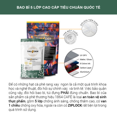 Cà Phê Nguyên Hạt Hạng 1 Sàng 1864/64 in Trọng lượng 220g THUNDER No.8 - 1864 CAFÉ