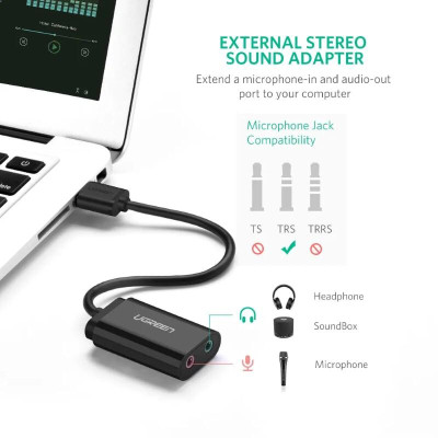 Ugreen UG30724US205TK 15CM màu Đen Bộ chuyển USB 2.0 sang Loa + MIC chuẩn 3.5mm - HÀNG CHÍNH HÃNG