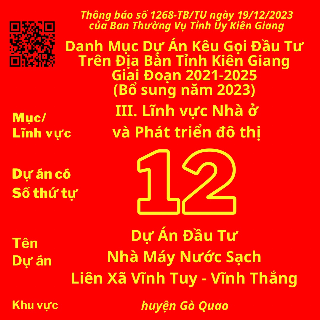 Dự án có Số TT 12: Dự Án Đầu Tư Nhà Máy Nước Sạch Liên Xã Vĩnh Tuy - Vĩnh Thắng