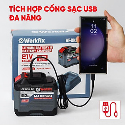 Combo Workfix 20 Cell 6Ah + Sạc - WF-BK2006A - Mạch 4 Mosfet - Chân Pin Phổ Thông - Vỏ Abs Chống Va Đập - Chuyên Dùng Cho Khoan Bê Tông, Mài, bulong, Cưa...