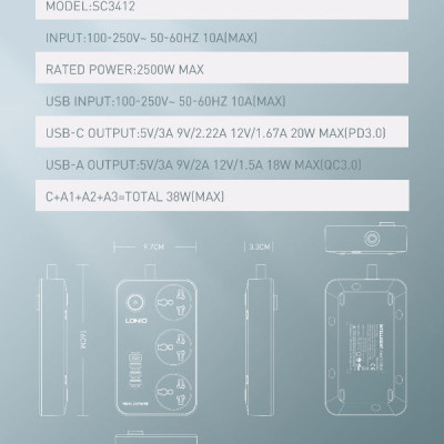 Ổ cắm đa năng 2500W hỗ trợ 3 cổng USB QC18W và PD20W LDNIO SC3412 _  hàng chính hãng