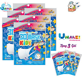 Combo Unmei - Bộ 6 Khẩu trang dành cho bé Unicharm 3D Mask Kid (Ngăn được bụi mịn PM2.5) loại 5 miếng Tặng thêm 3 gói loại 3 miếng