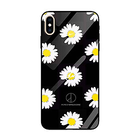 Ốp lưng kính cường lực cho iPhone Xs Max Nền Hoa Cúc Ô Vuông Xám Đen - Hàng Chính Hãng