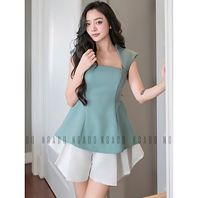 Áo xanh mint chiết eo NGADO , áo kiểu , áo chiết eo