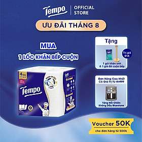 [MUA 1 LỐC KHĂN BẾP CUỘN TẶNG 1 GÓI KHĂN ƯỚT + 1 GIÁ ĐỠ] Khăn giấy bếp đa năng siêu thấm Tempo (4 Cuộn) - Thương Hiệu Đức