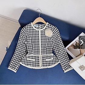 Áo dạ tweed trắng đen peplum công sở hàn quốc sang chảnh tay dài zíc zắc cao cấp