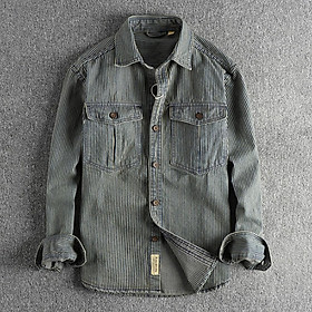 Áo sơ mi denim sọc phong cách Retro_Biker_Army