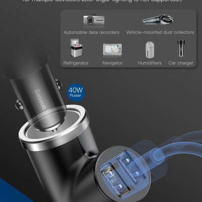 Bộ tẩu Baseus Y Type Dual USB sạc mở rộng 3 trong 1 dùng cho xe hơi 40W, 3.4A- Hàng chính hãng